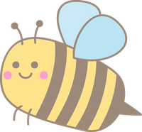 A smiling cartoon bee with yellow and brown stripes and light blue wings.