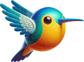 A stylized hummingbird with blue and green wings and an orange chest, flying with its wings spread.