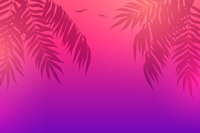 Tropical gradient background with silhouetted palm leaves and flying birds