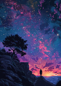 A person standing on a cliff with a tree, looking at a colorful starry night sky.