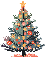 Illustration of a Christmas tree decorated with various ornaments and a star on top