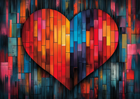 A heart shape filled with vibrant, multicolored mosaic tiles against a blurred, similarly colored background.