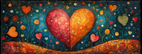 Colorful heart artwork with red and orange hearts surrounded by smaller hearts and dots