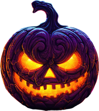 A purple jack-o'-lantern with glowing orange eyes and a carved face.