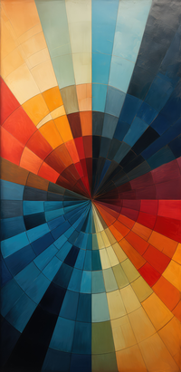 A vibrant geometric pattern with a radial arrangement of diverse colors