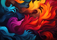 Abstract art with swirling patterns of blue, red, and orange hues.