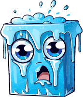 A cartoon ice cube with a shocked face, melting and dripping water.