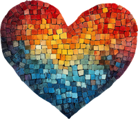 A heart shape made from small, colorful tiles in a gradient pattern