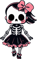 Illustration of a skeleton girl wearing a black dress with pink accents and a large pink bow in her hair.