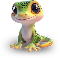 A smiling cartoon gecko with large eyes and green spots