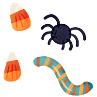 An illustration of two candy corn pieces and a gummy worm next to a spider.