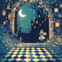 Illustration of a girl in a blue dress approaching a castle at night
