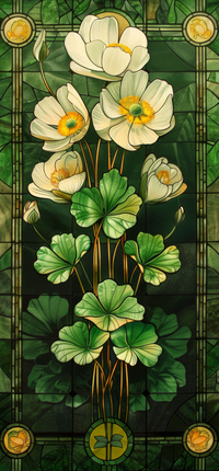 Stained glass panel with white flowers and green leaves