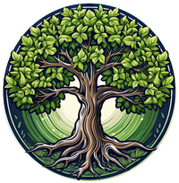 Circular illustration of a tree with green leaves and sprawling roots