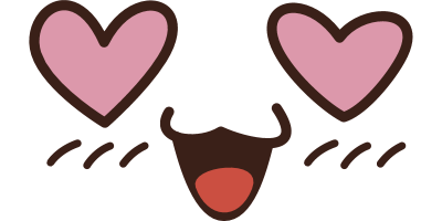A cartoon face with pink hearts as eyes and a brown mustache
