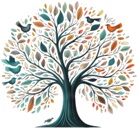 A stylized tree with diverse colorful leaves