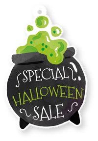 Halloween sale graphic with a cauldron