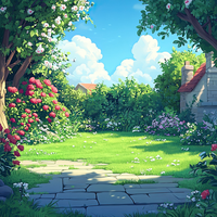 A peaceful garden with a stone pathway and blooming flowers