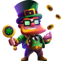 Cartoon leprechaun with green top hat and gold coins