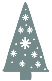 A simple Christmas tree illustration with white snowflakes on a green tree against a black background.