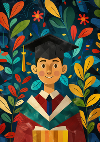 Illustration of a smiling graduate in red and green robe with a black graduation cap, holding a gold book amidst colorful leaves.