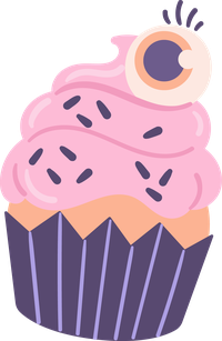 Cartoon cupcake with pink frosting and an eyeball
