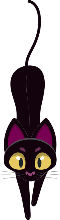 Cartoon black cat with yellow eyes and purple ears