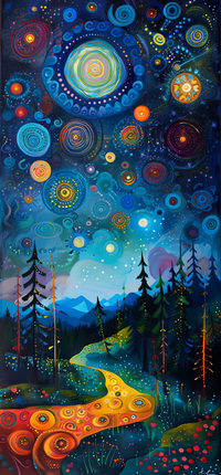 A winding forest path under a starry night sky with colorful, swirling patterns.