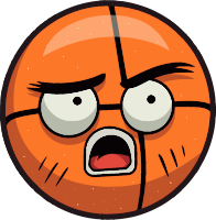 An angry cartoon basketball with a surprised and upset facial expression