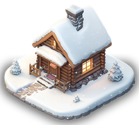 A 3D illustration of a snowy log cabin with lit windows.