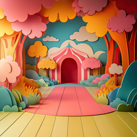 A colorful, stylized forest path with a red carpet leading to a striped tent.