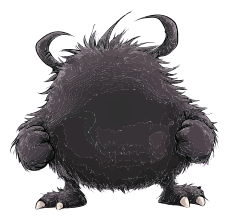 A dark, furry creature with sharp teeth and claws against a black background.