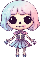 Cute cartoon skeleton girl with pastel pink and blue hair