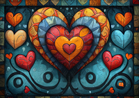 Stained glass artwork with multiple heart shapes in various colors