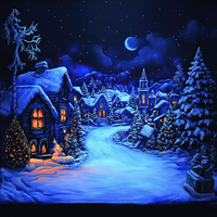 A painting of a snowy village at night with lit houses and a moonlit sky.