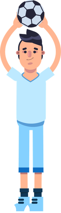 Cartoon man in blue holding soccer ball