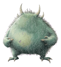 A furry green monster with two horns and sharp claws on its hands and feet.