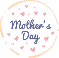 A stylized clock face with 'Mother's Day' written in blue cursive, surrounded by pink hearts.