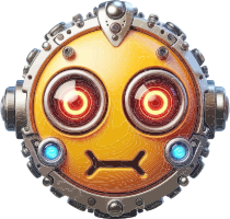 A robotic yellow emoticon with glowing red eyes and a metallic border.