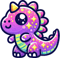 A cartoon dinosaur with a purple body covered in stars and a big smile
