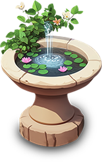 Digital illustration of a stone fountain with a small pond, water lilies, and butterflies.