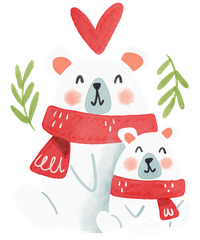Illustration of a mother and baby polar bear wearing red scarves with a heart above them.