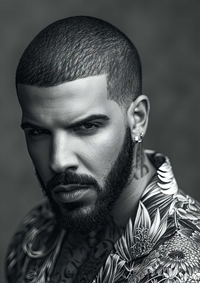 Black and white close-up portrait of Drake wearing a floral patterned shirt