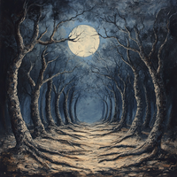 A surreal painting of a forest path at night with a full moon and twisted trees