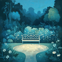 A white ornate bench in a lush garden at dusk