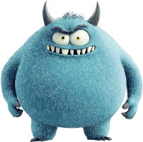 A blue monster with horns and sharp teeth