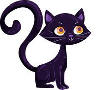 Illustration of a black cat with large orange eyes and a curled tail