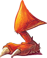 Illustration of an orange mushroom with a large cap and white-tipped roots