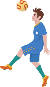 Cartoon illustration of a man in blue soccer uniform kicking a yellow and red soccer ball