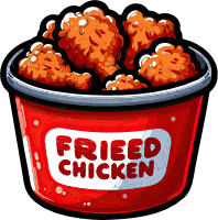 A red bucket labeled 'FRIED CHICKEN' filled with fried chicken pieces.